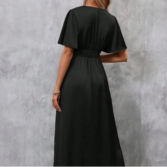 Black Preppy Womens Plunging Neck Butterfly Sleeve Split Thigh Satin Dress - Picture 2 of 4